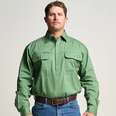 KILCOY | Mens Half Button Long Sleeve Work Shirt - Gum Leaf Green Thumbnail