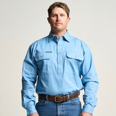 KILCOY | Mens Half Button Long Sleeve Work Shirt - Sky Blue Thumbnail